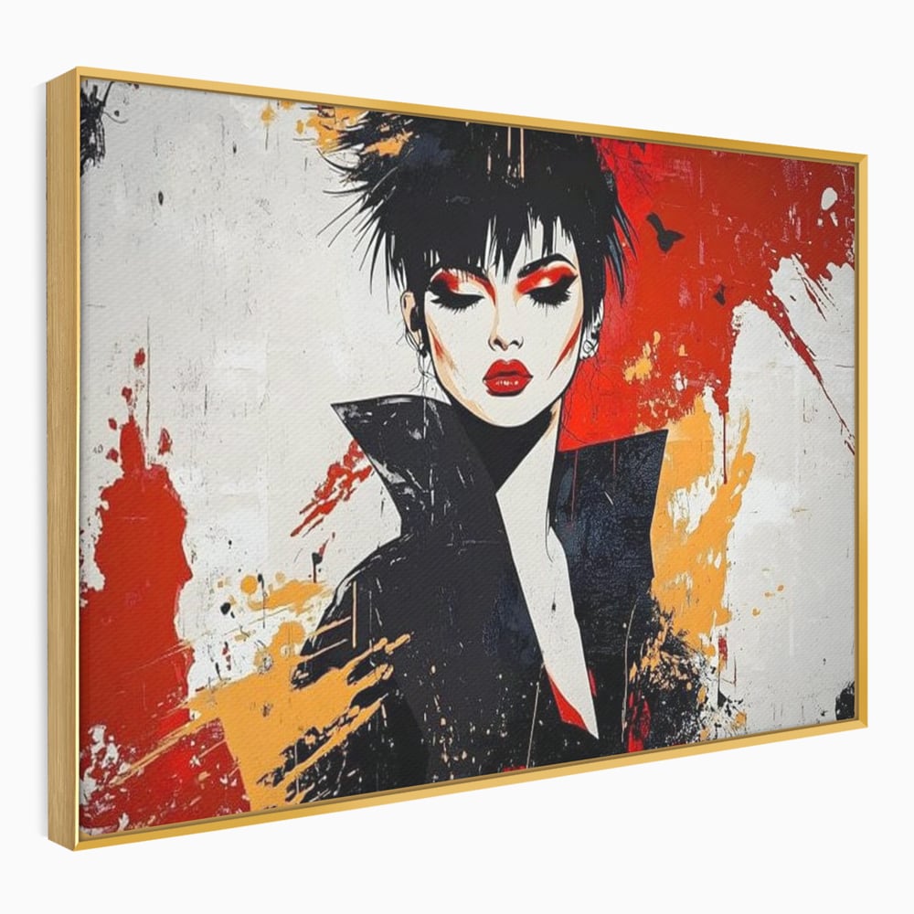 Tablou canvas cu ilustratie digitala cu portret de femeie in stil punk, in rama de aluminiu auriu